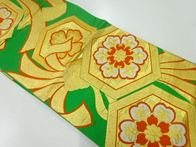 アンティーク　亀甲に花・束ね熨斗模様織出し袋帯（材料）